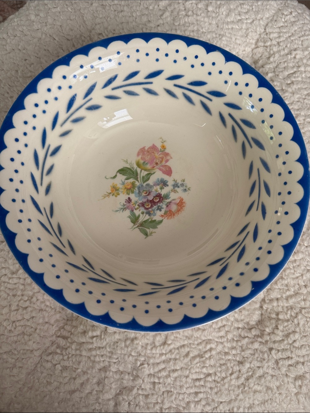 9.5” Homer Laughlin Serving Bowl with Flowers Blue Trim